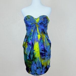 Vintage Y2K Matthew Williamson Floral Strapless Mixed Silk Mini Dress. Siza: 8.